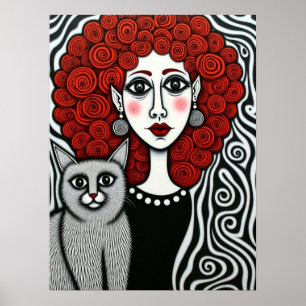 Affiche Dame gothique et chat Spirale Cheveux Rouges Noir