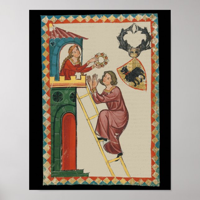 Affiche Dame offrant un cadeau à un prétendant, 14e siècle (Devant)