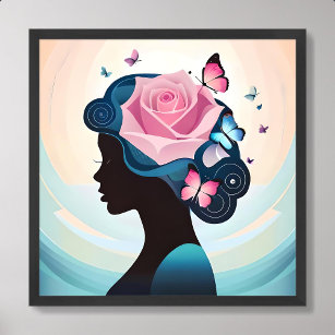 Affiche dame peindre belle personnalité rose papillon