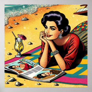 Affiche Dame Rétro à la Plage Rêvant de Mode
