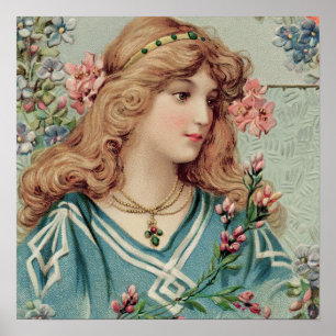 Affiche Dame victorienne avec fleurs roses dans ses cheveu