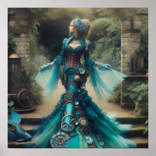 Affiche Dame victorienne steampunk vintage sirène sarcelle