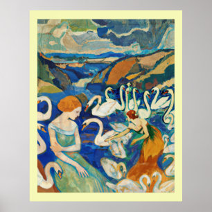 Affiche Dames et cygnes dans la rivière