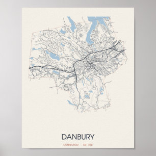 Affiche Danbury, carte de rue du Connecticut – Établi en 1