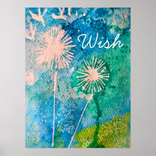 Affiche Dandelion aquarelle souhait abstrait bleu et vert