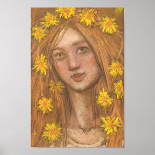 Affiche Dandelions Fleur, Blonde Girl et Fleurs Peinture