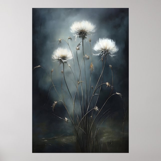 Affiche Dandelions In Dark Field, Wildflower Print (Devant)