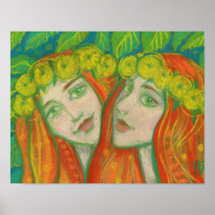 Affiche "Dandelions", peinture pastel, filles roux