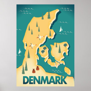 Affiche Danemark Carte de voyage de style Vintage