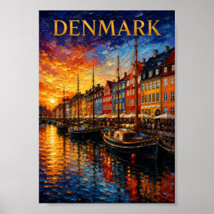 Affiche Danemark : Nyhavn Harbour Art Souvenir au coucher