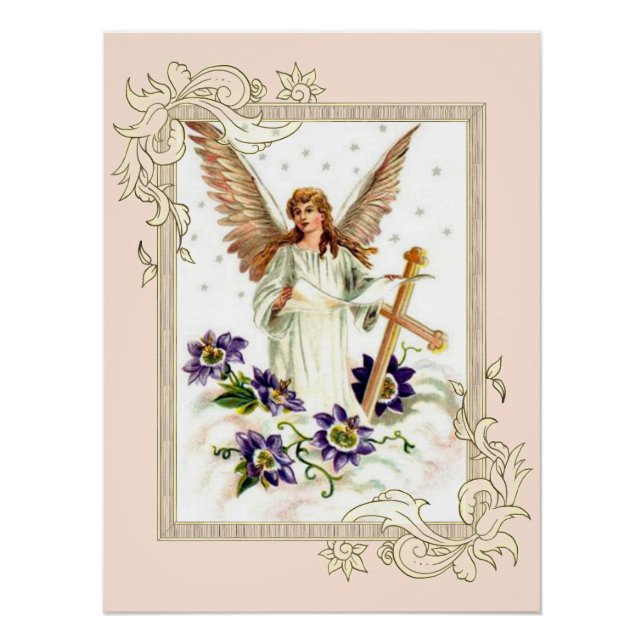 Affiche d'ange avec croix et fleurs de clématite (Devant)