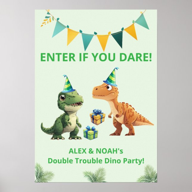 Affiche d'anniversaire Dinosaure pour jumeaux | En (Devant)