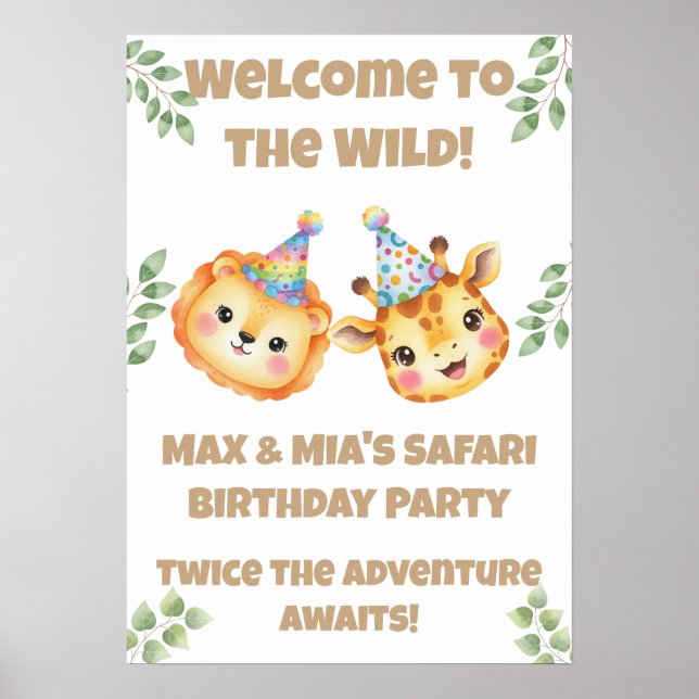Affiche d'anniversaire Twins Safari | Bienvenue da (Devant)