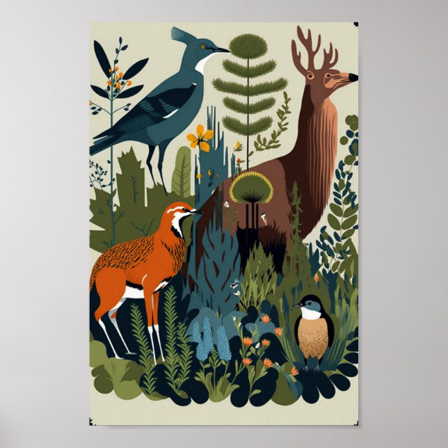 Affiche Danois Scandinave Forêt Animaux Floraux Art (Devant)