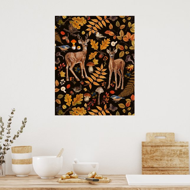 Affiche Dans les bois / Cerf d'automne sur noir (Cuisine)