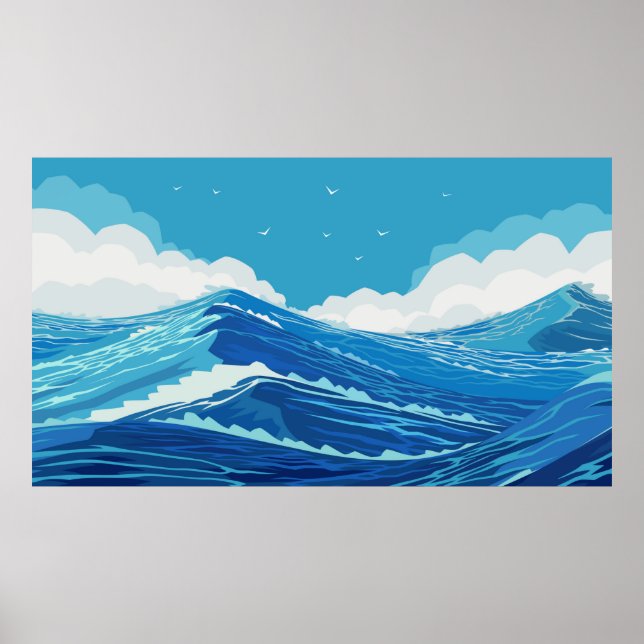 Affiche Dans l'océan. Belles grandes vagues et bleu (Devant)