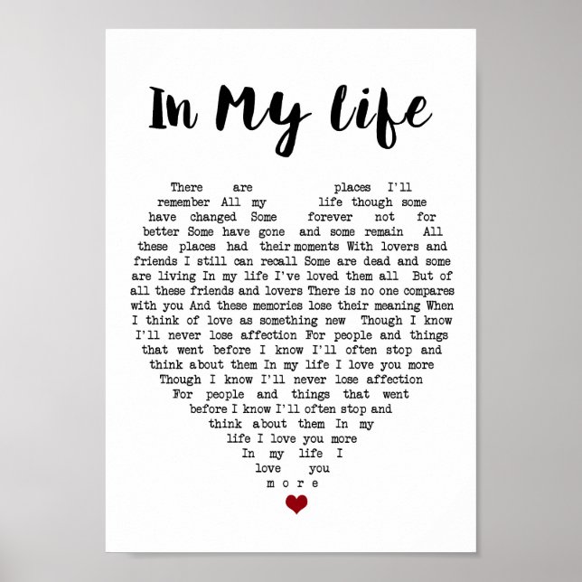 Affiche Dans My Life Wall Art Chanson Lyrique Coeur Imprim (Devant)