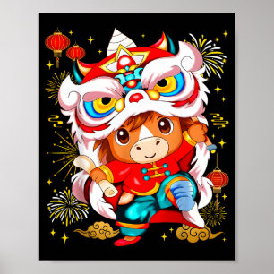 Affiche Danse de lion de cheval drôle Nouvel An chinois en