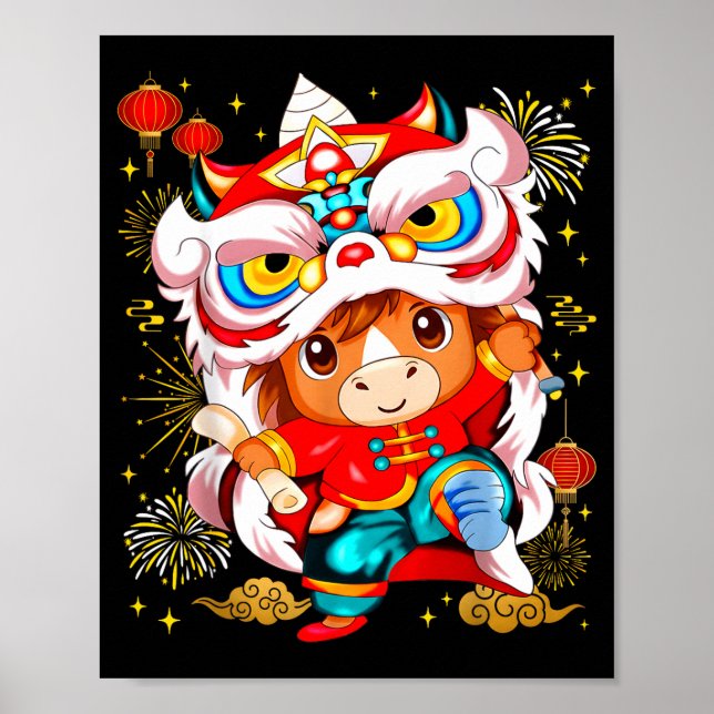 Affiche Danse de lion de cheval drôle Nouvel An chinois en (Devant)