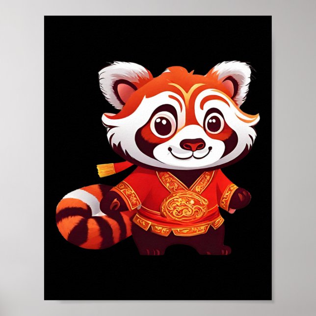 Affiche Danse du lion de Panda rouge drôle pour enfants ch (Devant)