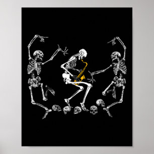 Affiche Danser drôle Squelette Jouer Saxophone Halloween