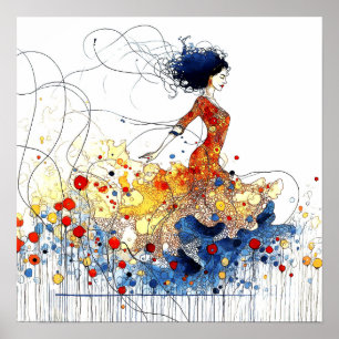 Affiche Danseuse de flamenco en mouvement multicolore flui