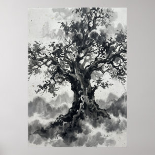 Affiche d'arbre au lavis d'encre Art Zen Japonai