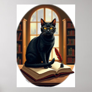 Affiche Dark Academia Chat Bibliophile Lunettes Lecteur Cu