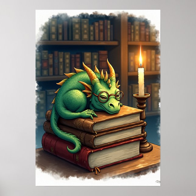 Affiche Dark Academia Lecture Dragon Autocollant Bibliophi (Devant)