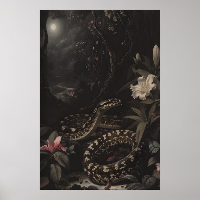 Affiche Dark Botanical Snake Art Print Floral Reptile (Devant)
