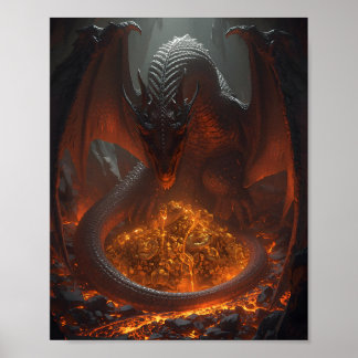 Affiche Dark Fire Dragon Guarding Treasure – Fantasy Art