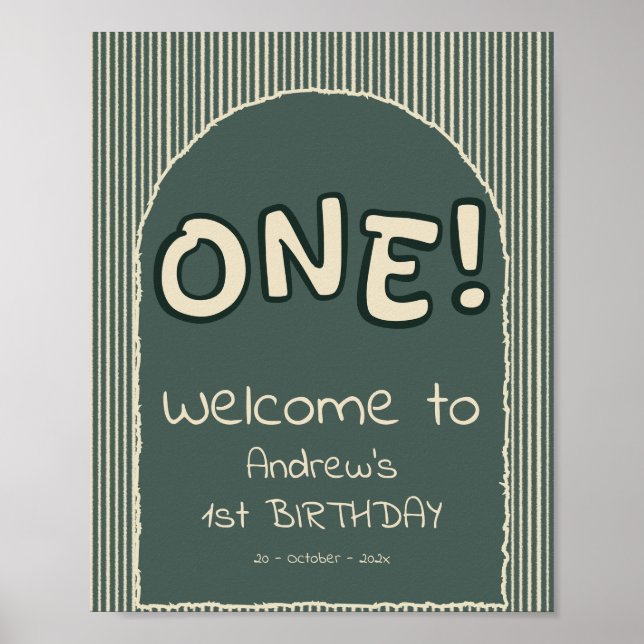 Affiche Dark Green Stripes 1st Birthday Welcome Sign (Devant)