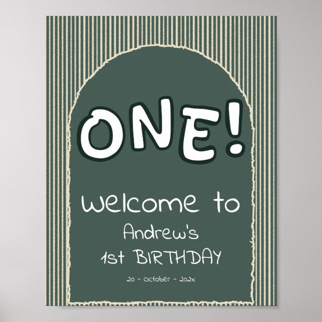 Affiche Dark Green Stripes 1st Birthday Welcome Sign (Devant)