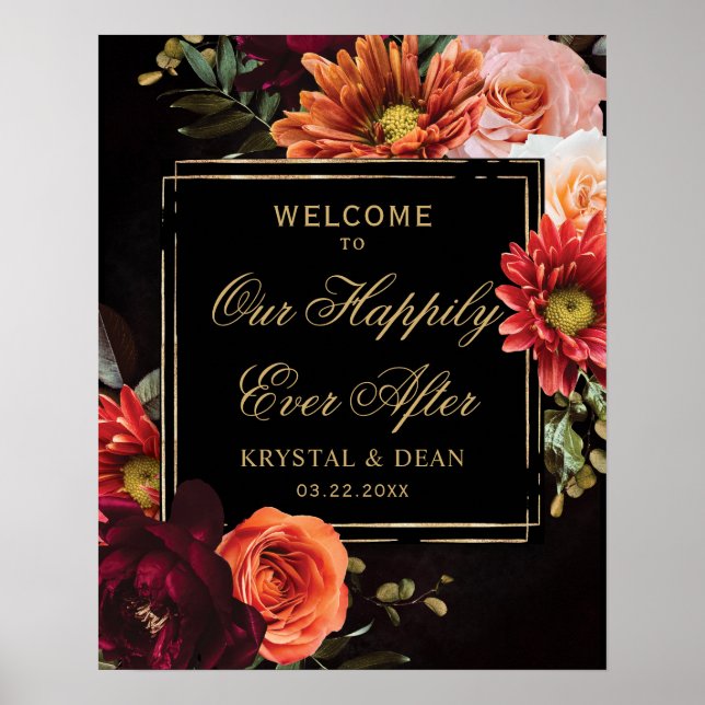 Affiche Dark Moody Black Burgundy Orange Floral Wedding (Devant)