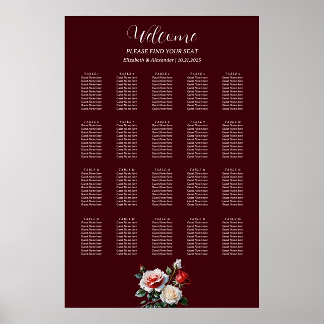 Affiche Dark Pretty pink white red roses seating chart (Devant)