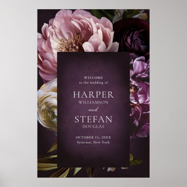 Affiche Dark Purple Fine Art Floral Wedding Wecome Sign (Devant)