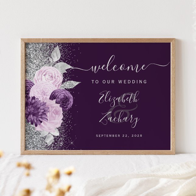 Affiche Dark Purple Floral Silver Wedding Welcome (Créateur téléchargé)