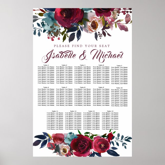 Affiche Dark Red Floral 14-Table Wedding Seating Chart (Devant)