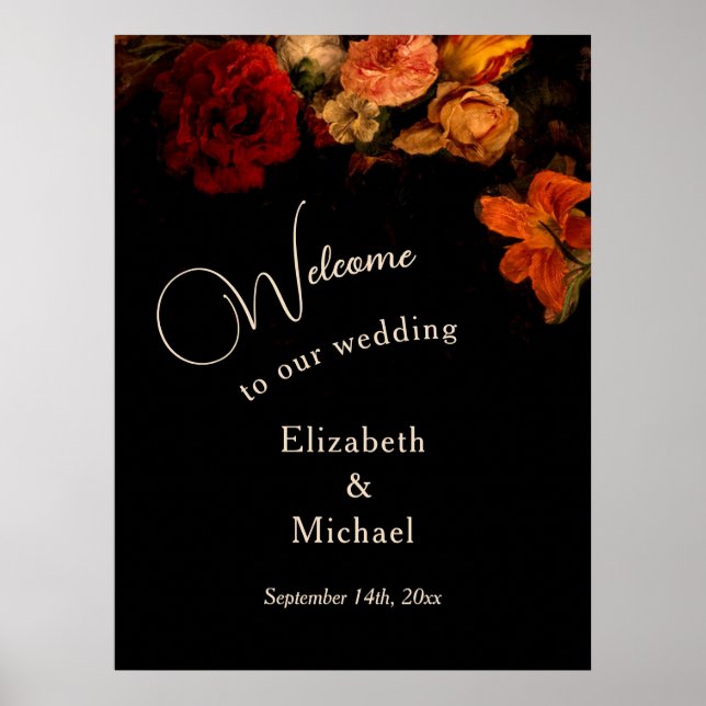 Affiche Dark Romantic Painted Flowers Wedding Welcome (Devant)