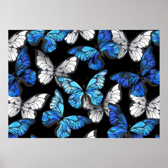 Affiche Dark Seamless Pattern with Blue Butterflies Morpho (Devant)