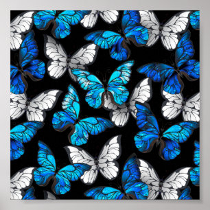 Affiche Dark Seamless Pattern with Blue Butterflies Morpho