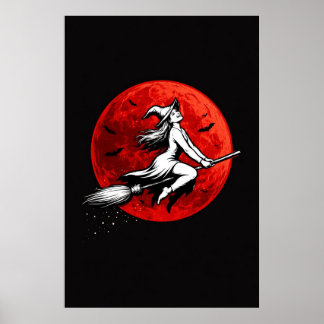 Affiche Dark Witch Flying Over Red Moon