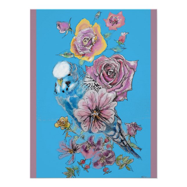 Affiche d'art à l'aquarelle au pastel Budgie bleu  (Devant)