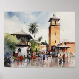 Affiche d'art à l'aquarelle de Marrakech Maroc