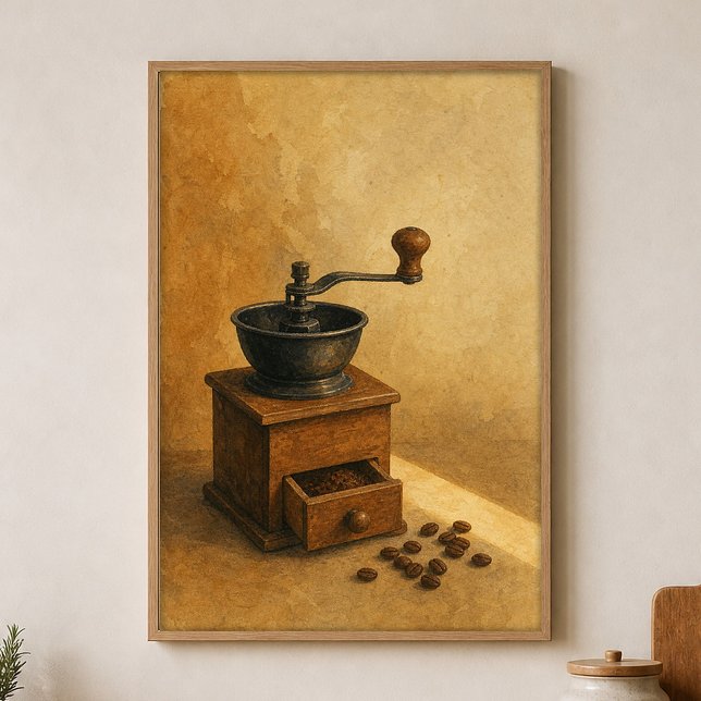 Affiche d'art à l'aquarelle sur le moulin à café C (Shown framed for scale. Poster ships unframed; frames are an optional add-on.)