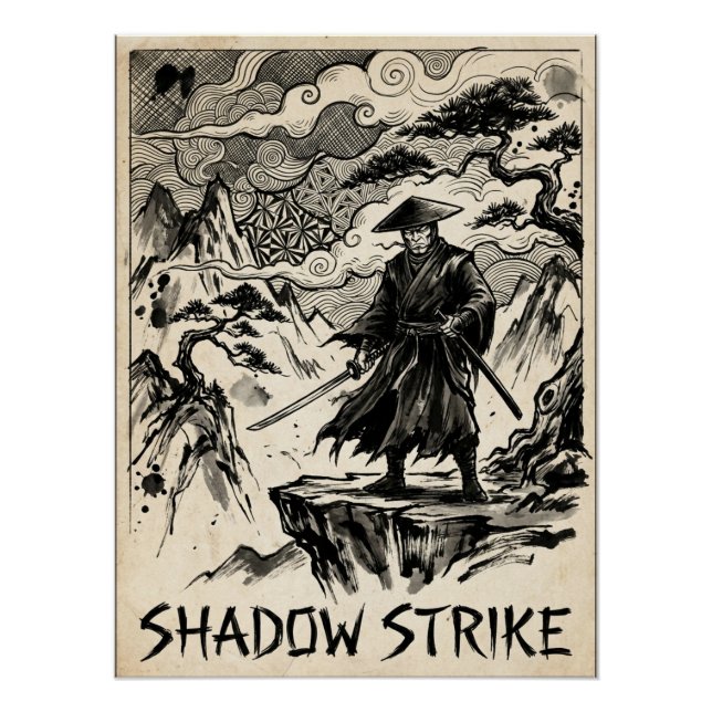 Affiche d'art à l'encre de samouraï Shadow Strike (Devant)