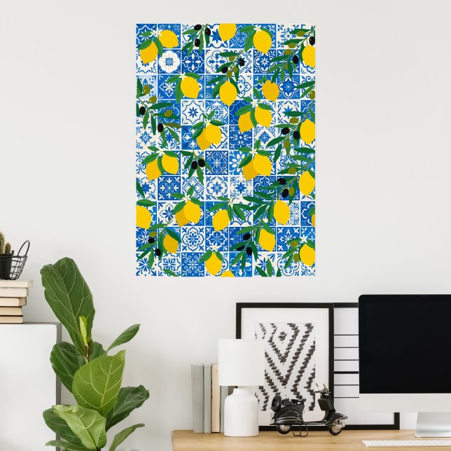 Affiche d'art à motif de carreaux bleus et citrons (Bureau à domicile)