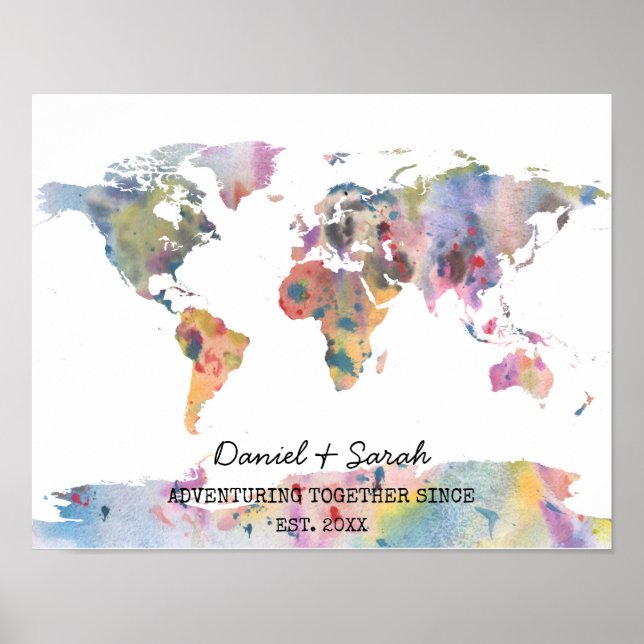 Affiche d'art abstrait carte du monde aquarelle (Devant)