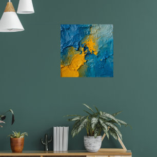 Affiche d'art abstrait impasto bleu et or gras T