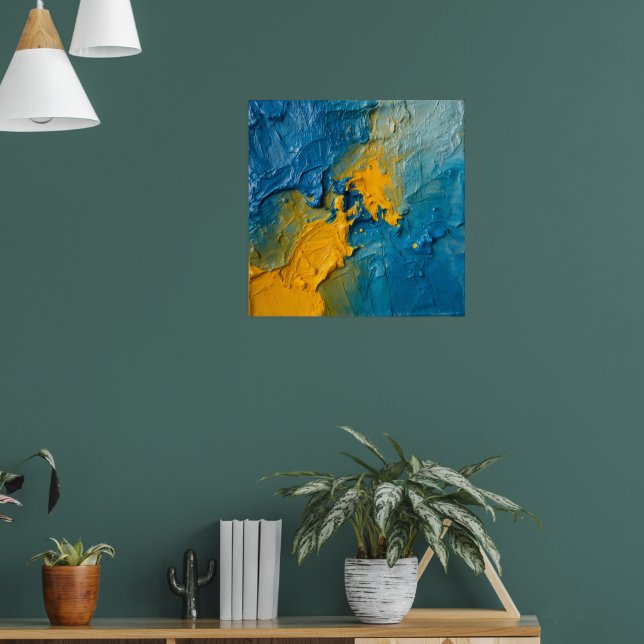 Affiche d'art abstrait impasto bleu et or gras | T (Salon 1)